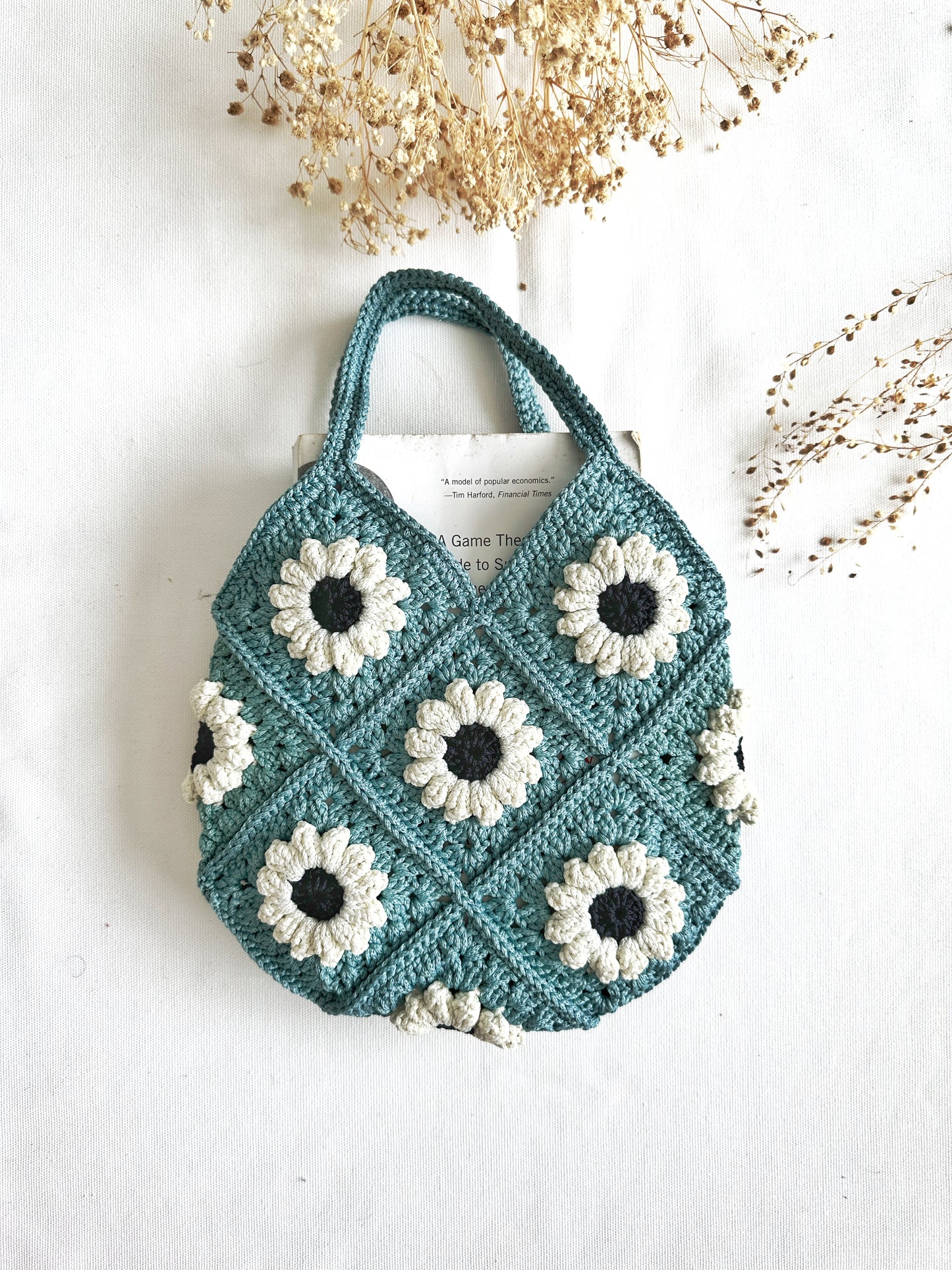 Hand-Crochet Daisy Mini Blue Tote Bag