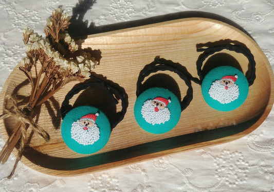 Santa Claus Embroidered Button Hair Tie, Christmas Collection