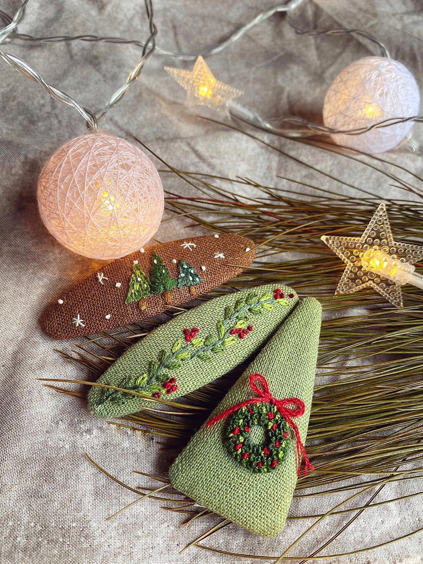 Wreath & Nuts Embroidered Hair Barrette, Christmas & Autumn Collection