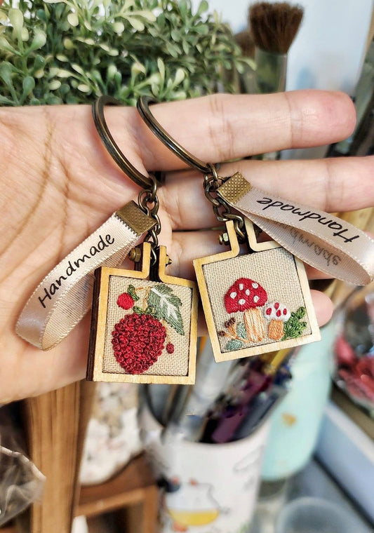 Mushroom Strawberry Embroidered Handmade Vintage Keychain