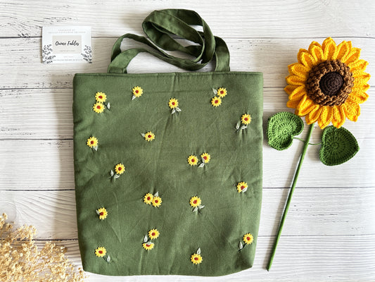 Sunflower Embroidered Beige Linen Tote Bag