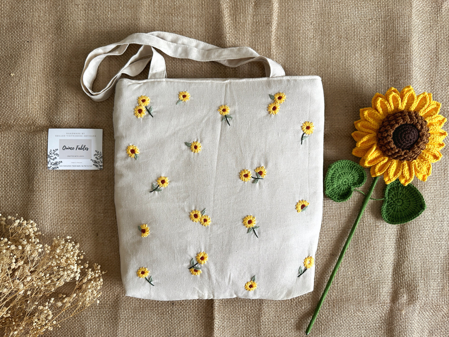Sunflower Embroidered Beige Linen Tote Bag
