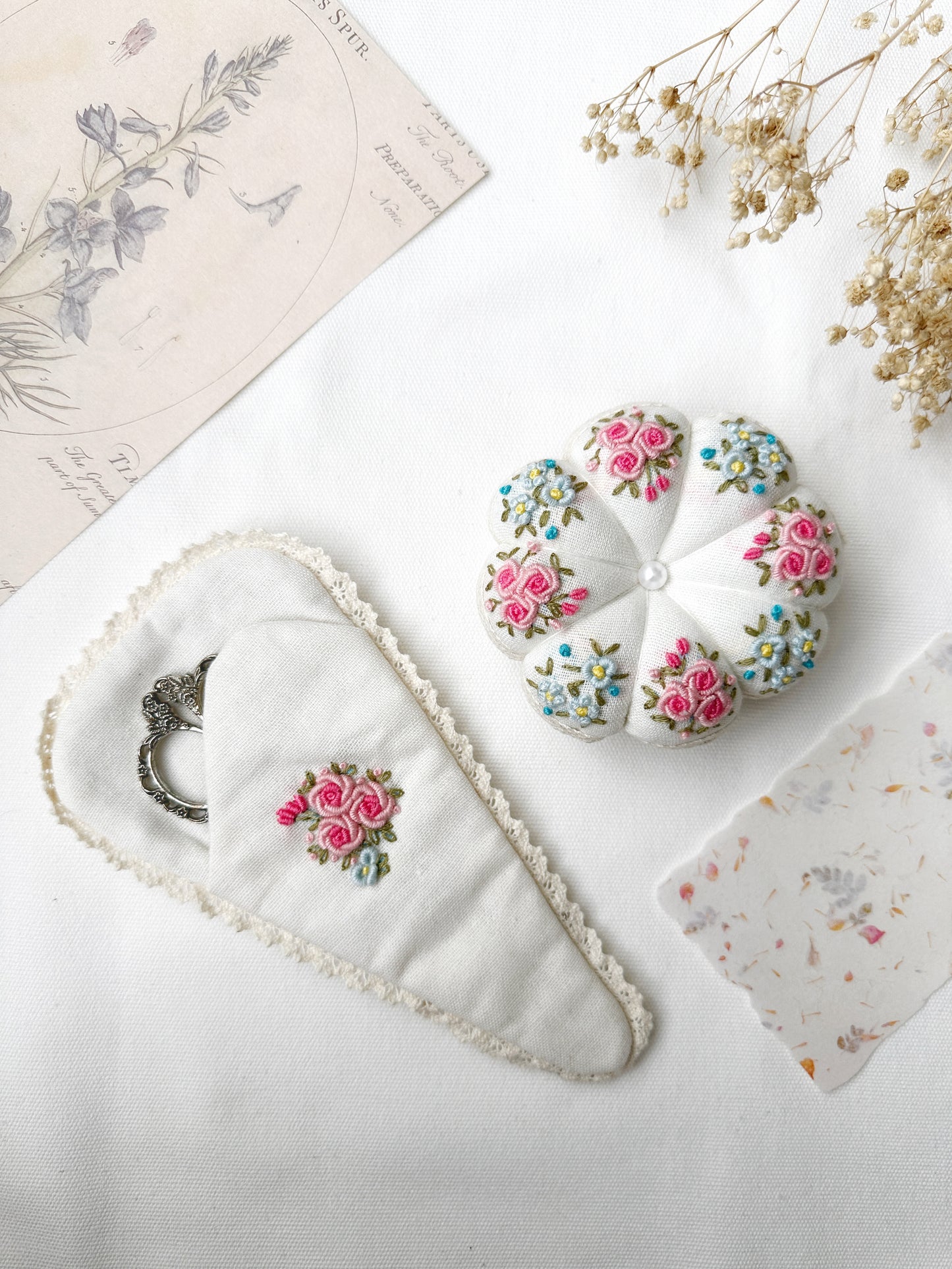 Roses Embroidered Pin Cushion And Scissors Pouch