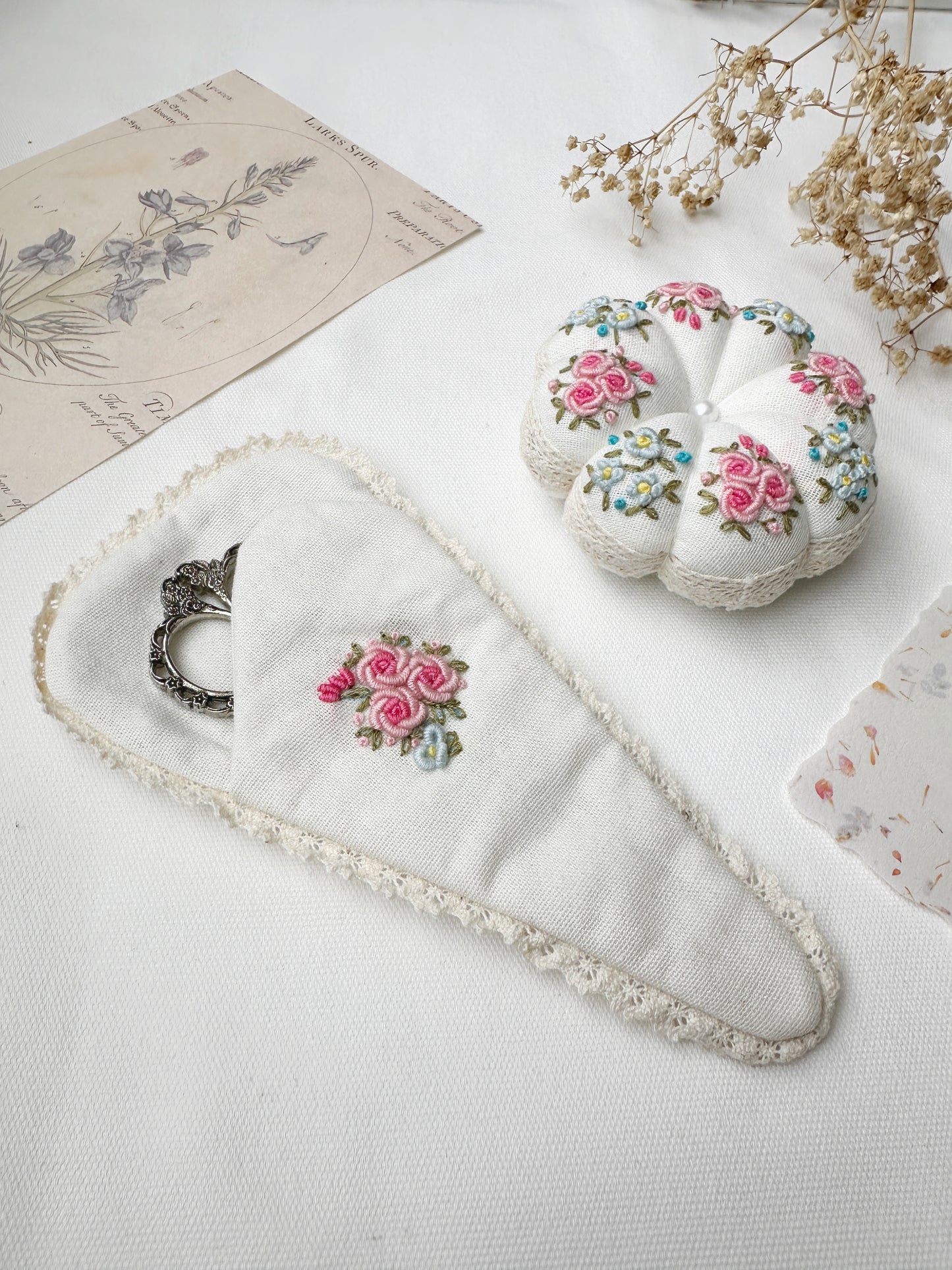 Roses Embroidered Pin Cushion And Scissors Pouch