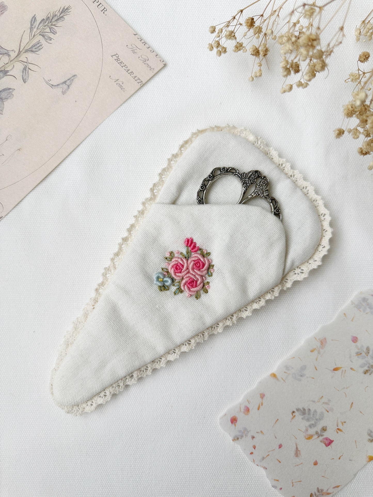 Roses Embroidered Pin Cushion And Scissors Pouch