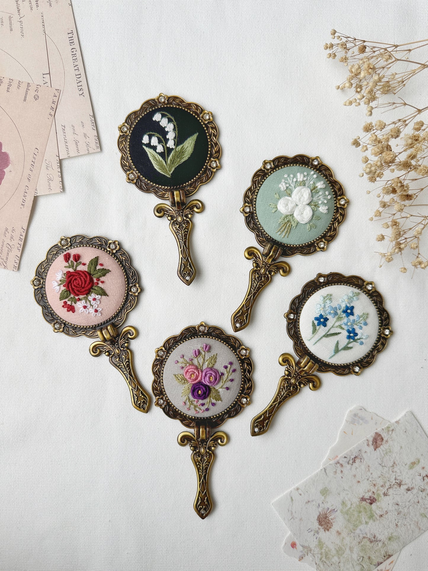 Floral Embroidered Round Folding Mirror, Collection Aura