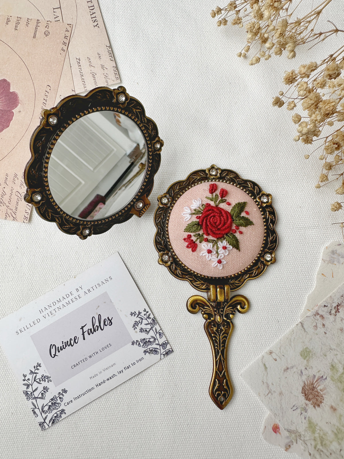 Floral Embroidered Round Folding Mirror, Collection Aura