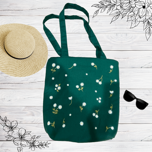 Daisy Embroidered Dark Green Linen Bag