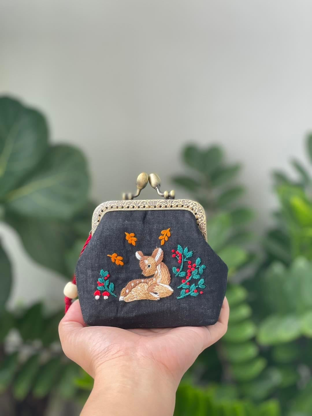 Deer Embroidered Navy Blue Coin Purse