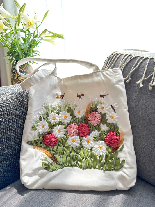 White Linen Bag With Flower Garden Ribbon Embroidery