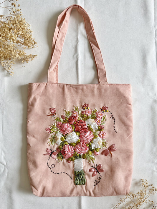 Pink Linen Bag With Flower Bouquet Ribbon Embroidery