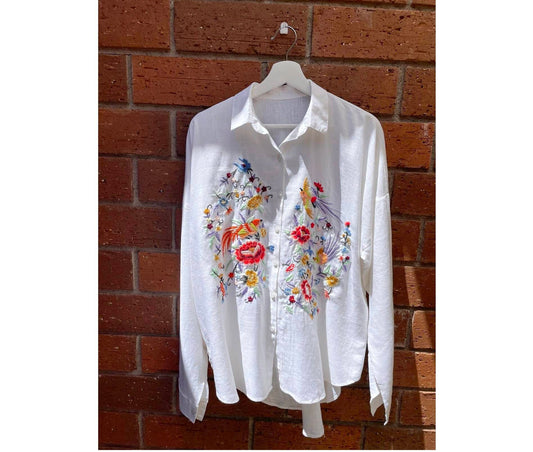 Flower & Bird Embroidered White Linen Shirt