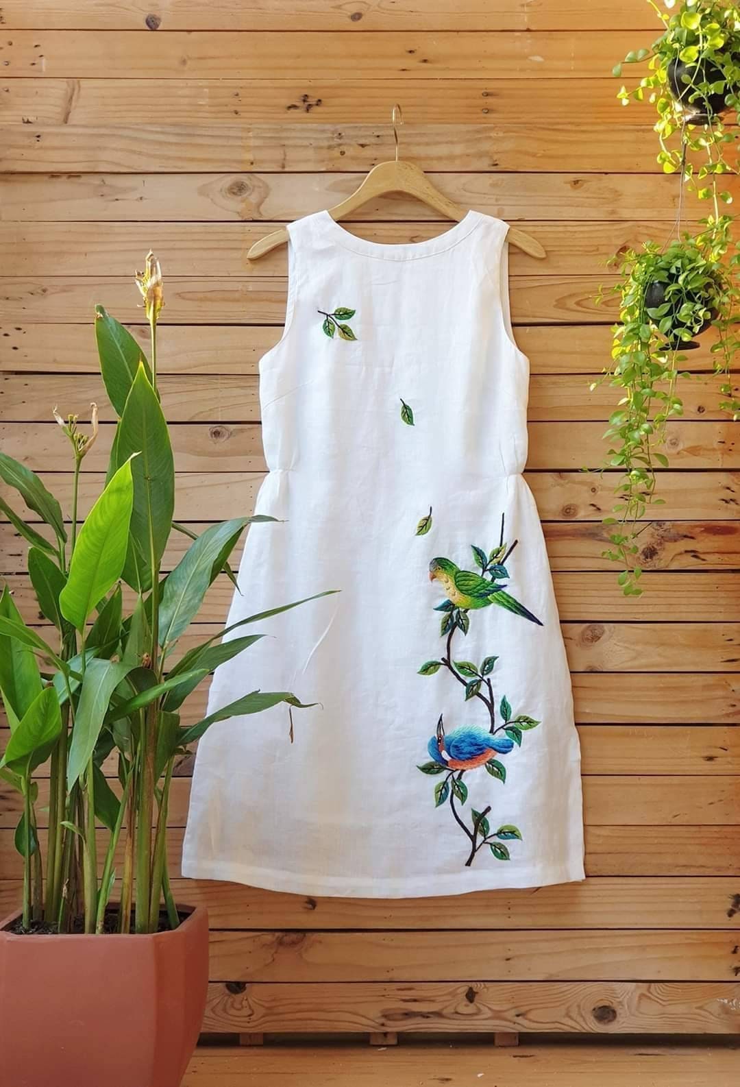 Linen Dress With Bird Embroidery