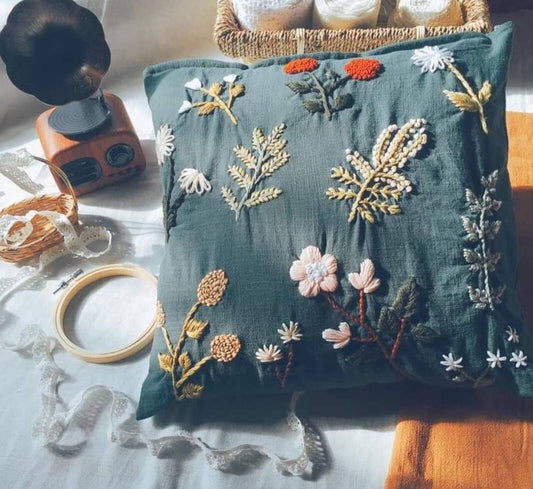 Floral Embroidered Linen Pillow Cover (Made to Order)