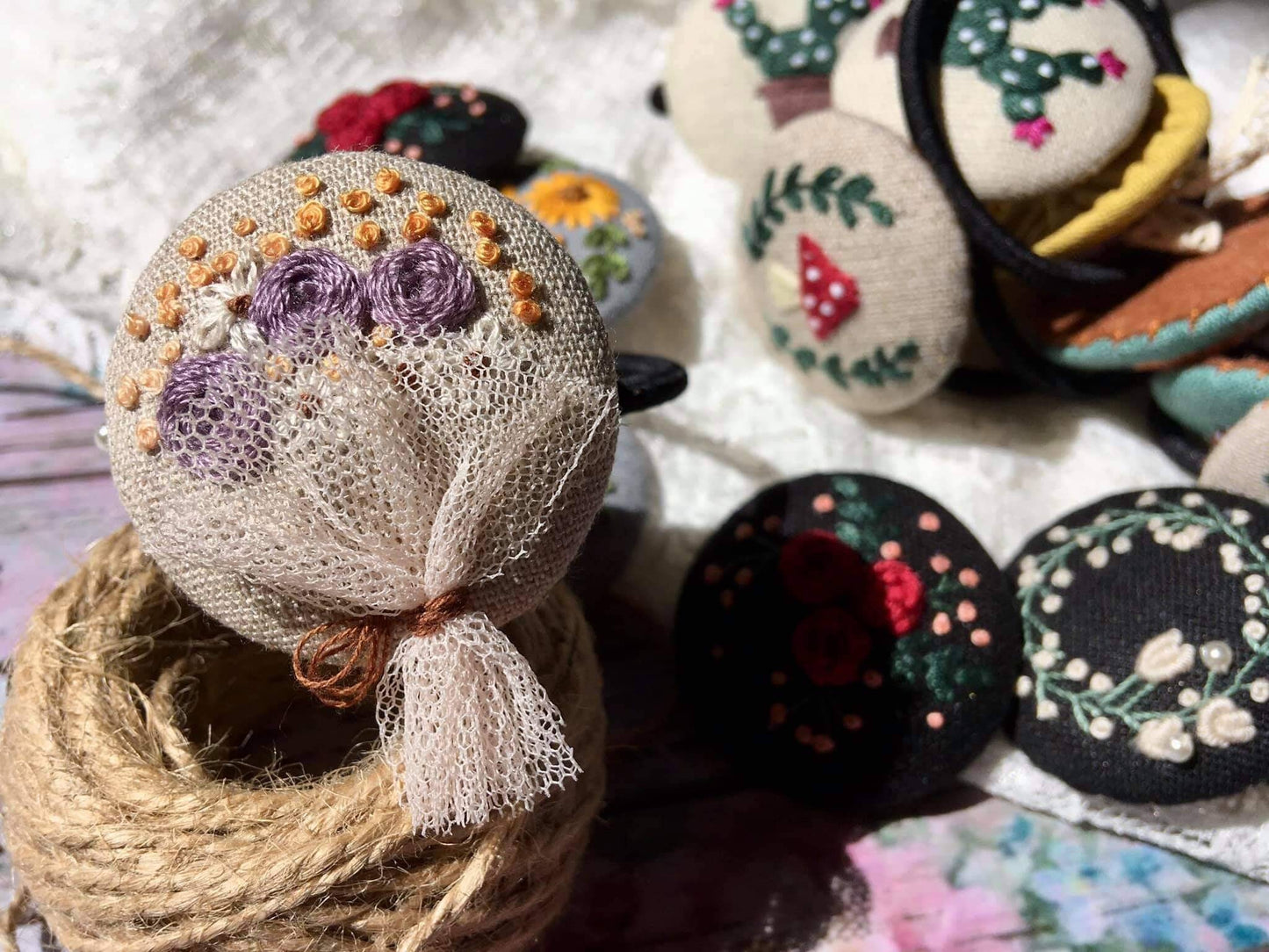 Flower Bee Fox Mushroom Cactus Embroidered Button Hair Tie