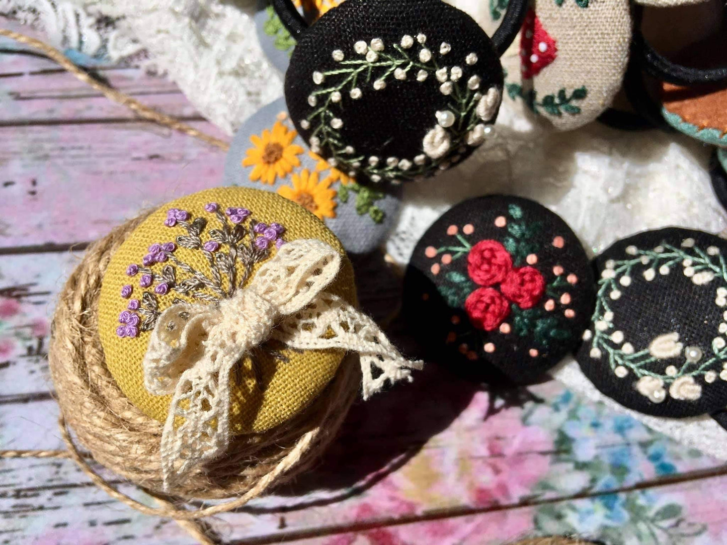 Flower Bee Fox Mushroom Cactus Embroidered Button Hair Tie