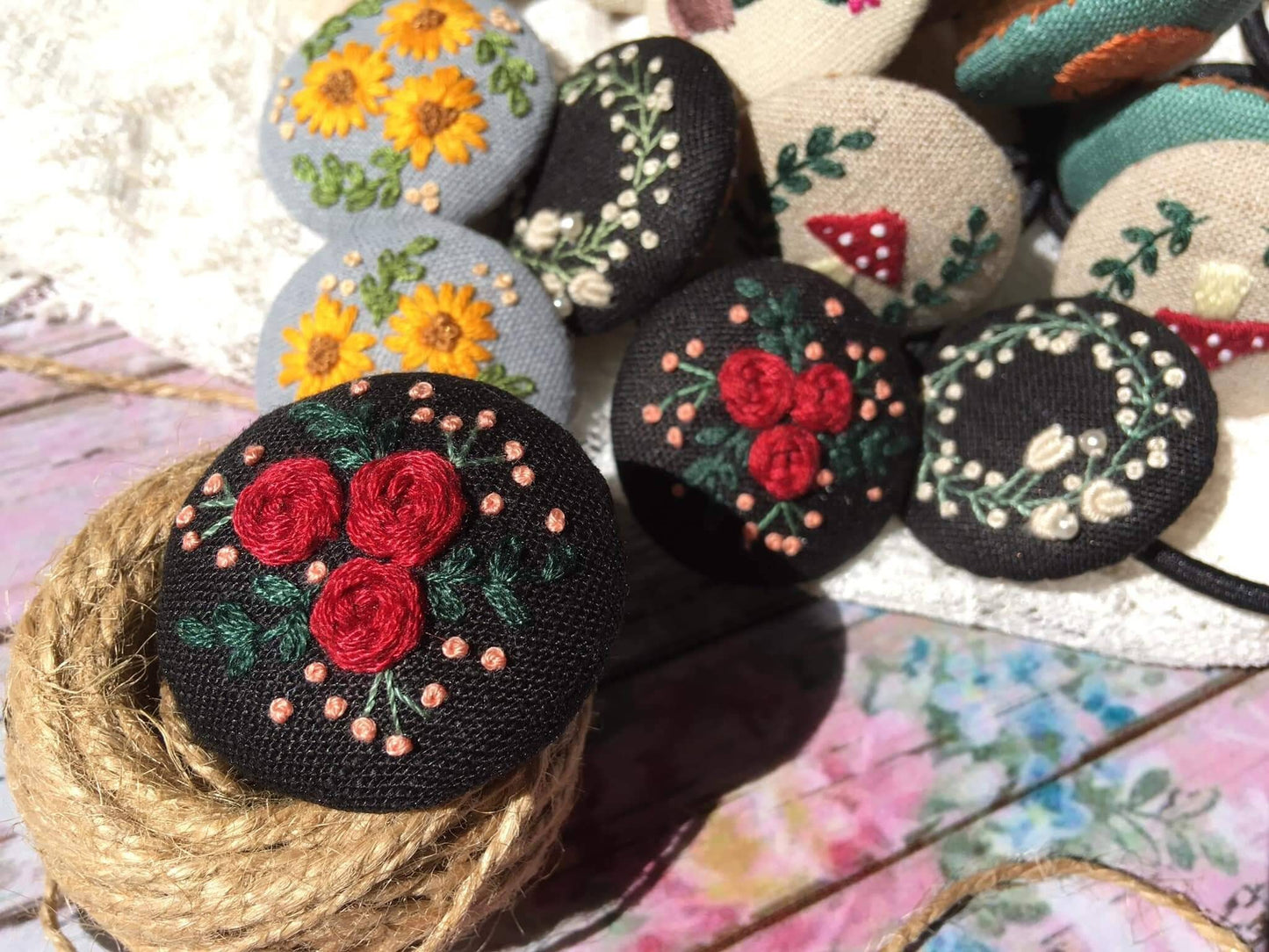 Flower Bee Fox Mushroom Cactus Embroidered Button Hair Tie