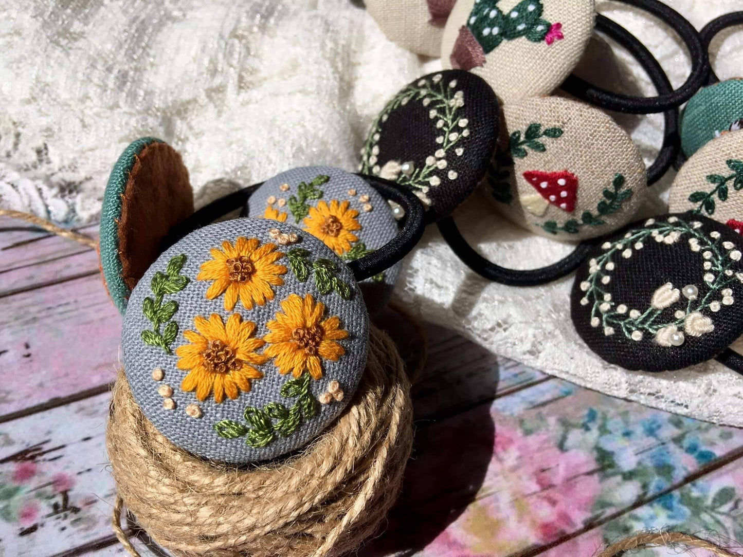 Flower Bee Fox Mushroom Cactus Embroidered Button Hair Tie