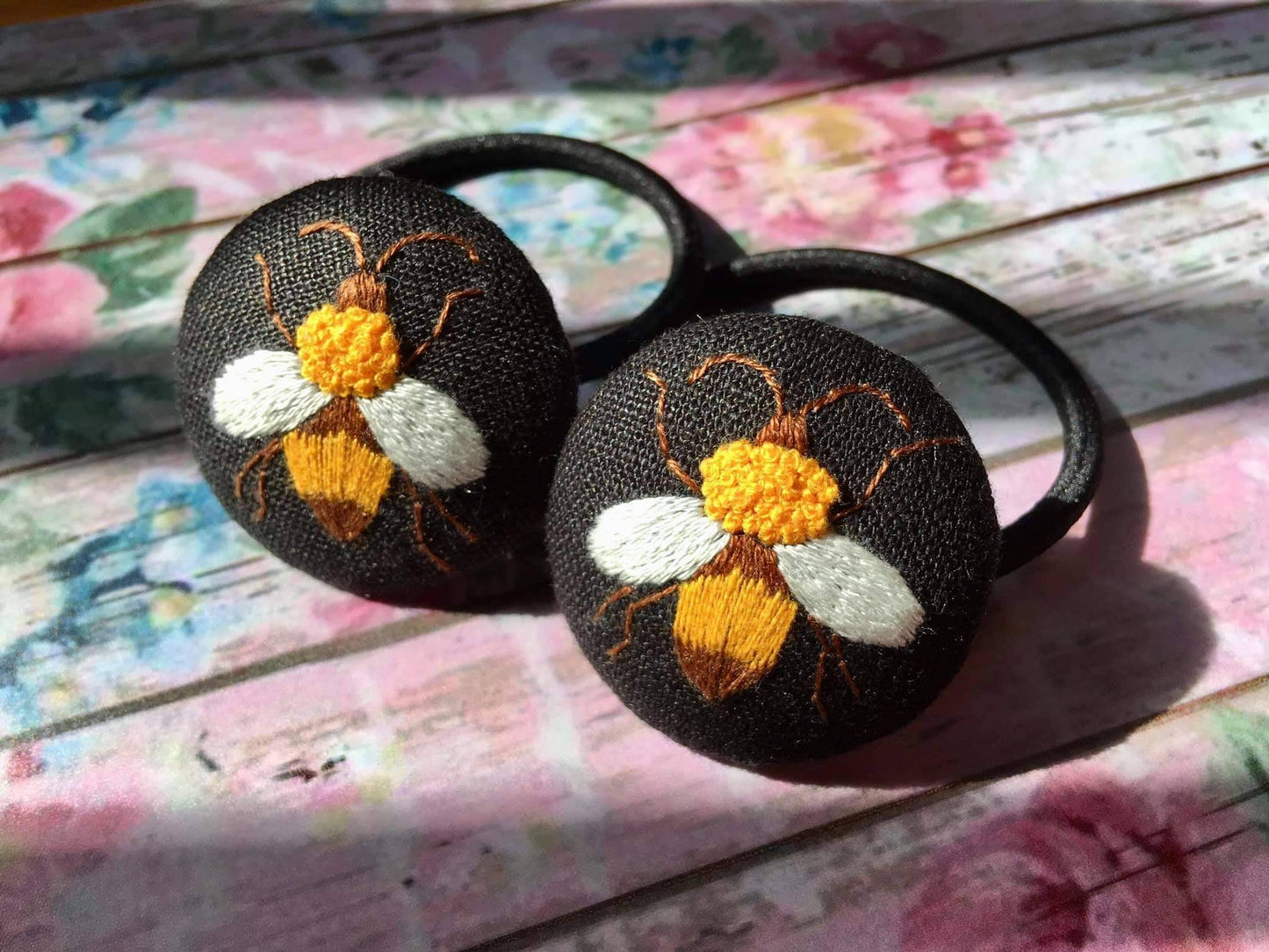 Flower Bee Fox Mushroom Cactus Embroidered Button Hair Tie