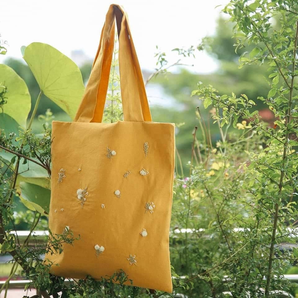 Wild Flower Embroidered Linen Tote Bag