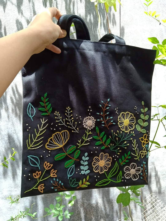 Wild Flower & Plant Embroidered Black Linen Bag
