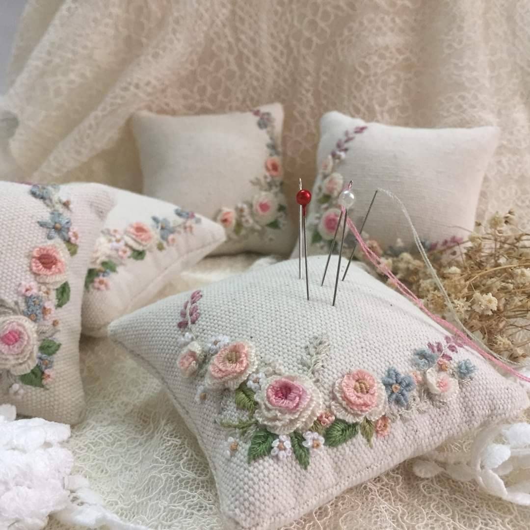 Roses Embroidered Square Pincushion