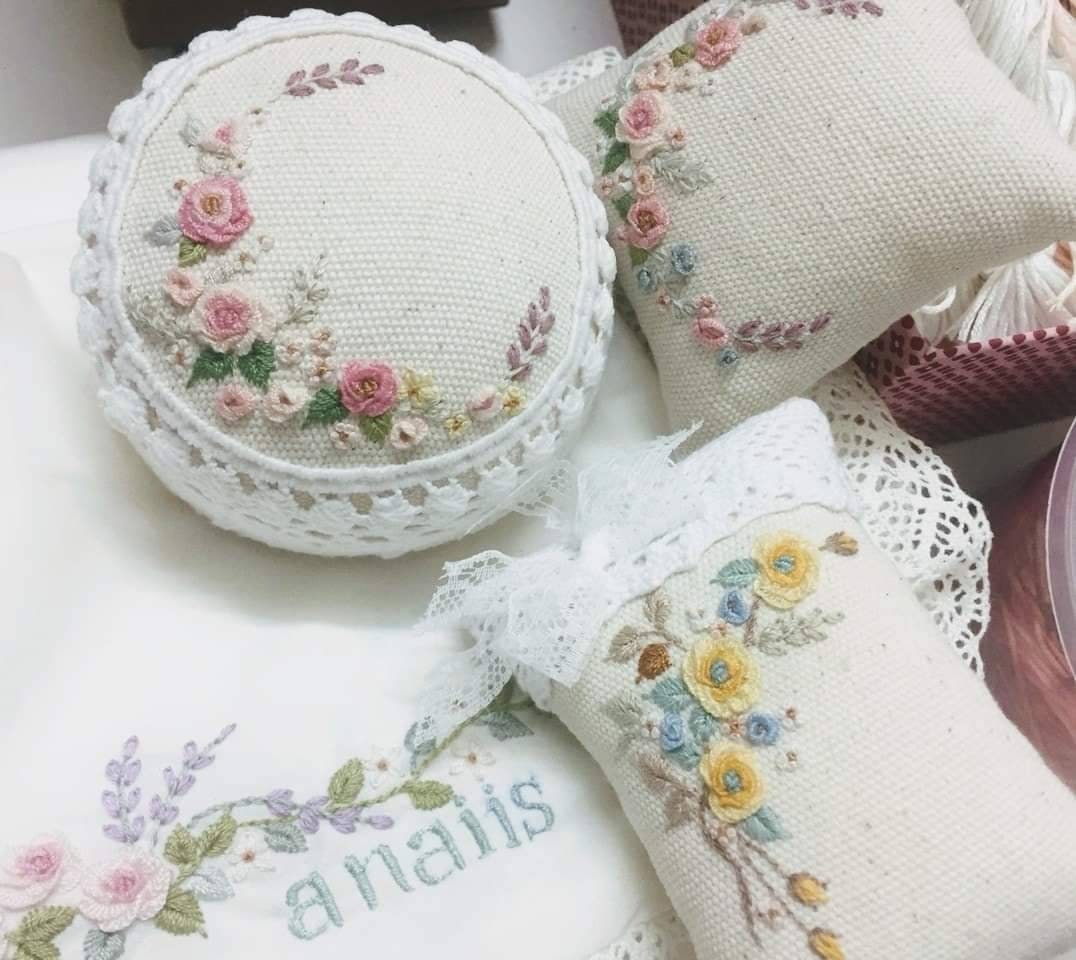 Rose Embroidered Pin Cushion With Lace