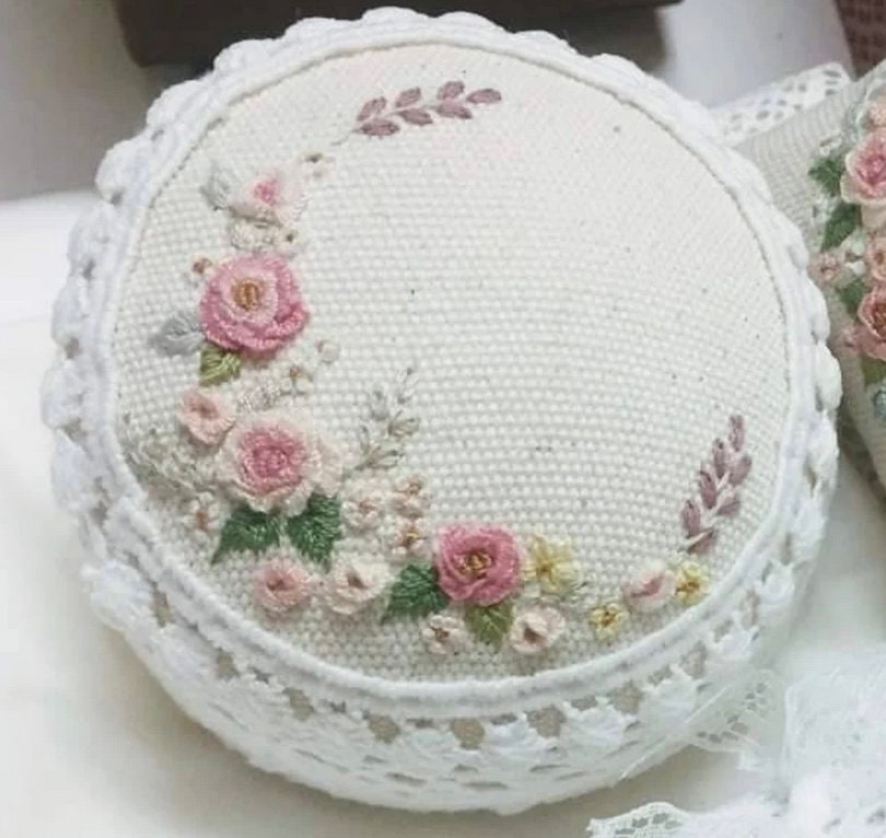 Rose Embroidered Pin Cushion With Lace