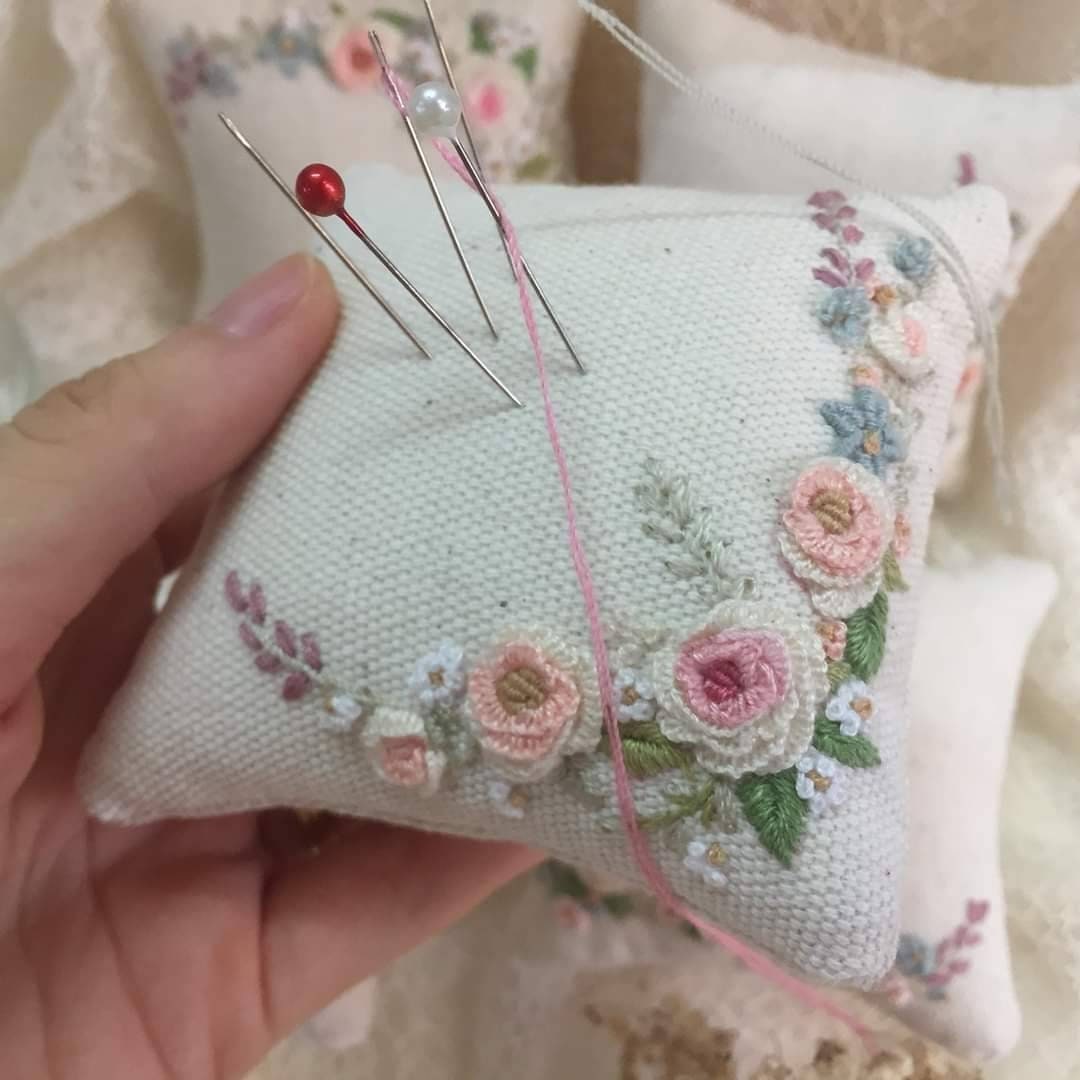 Roses Embroidered Square Pincushion