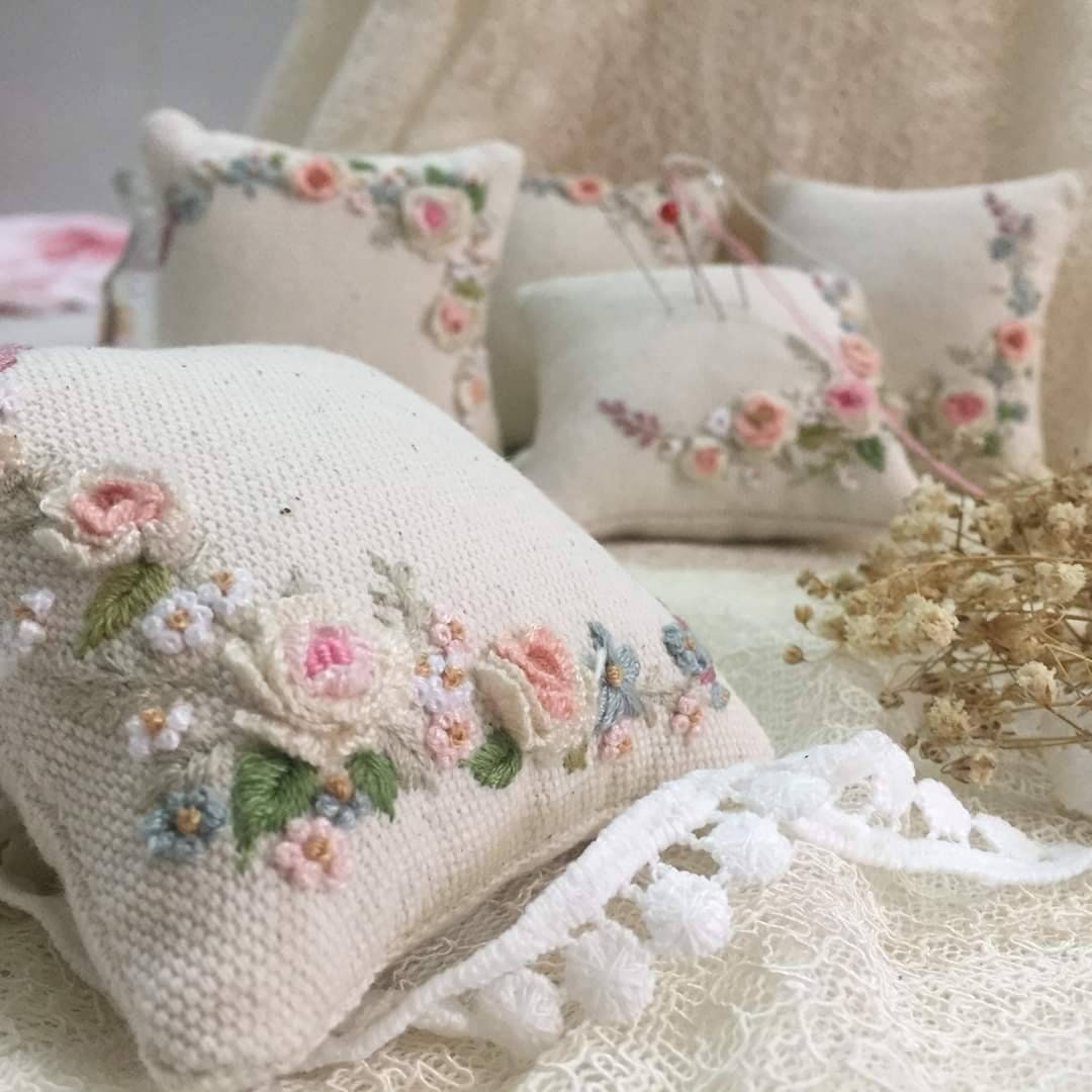 Roses Embroidered Square Pincushion