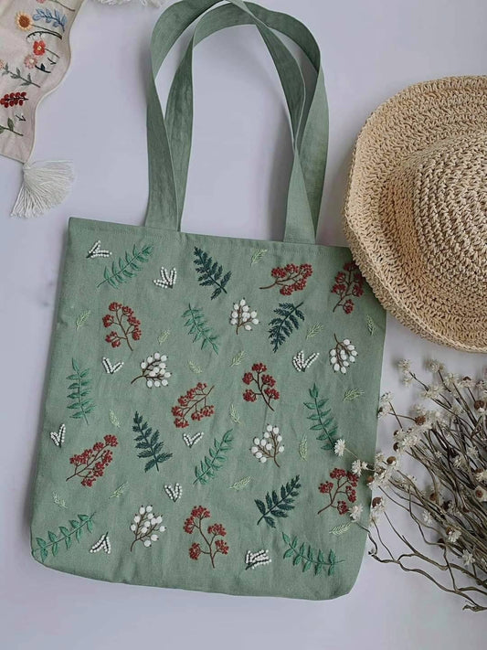 Flower Garden Embroidered Linen Tote Bag