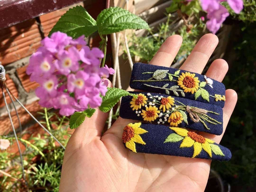 Sunflower Bouquet Embroidered Hair Barrette, Elizabeth Collection