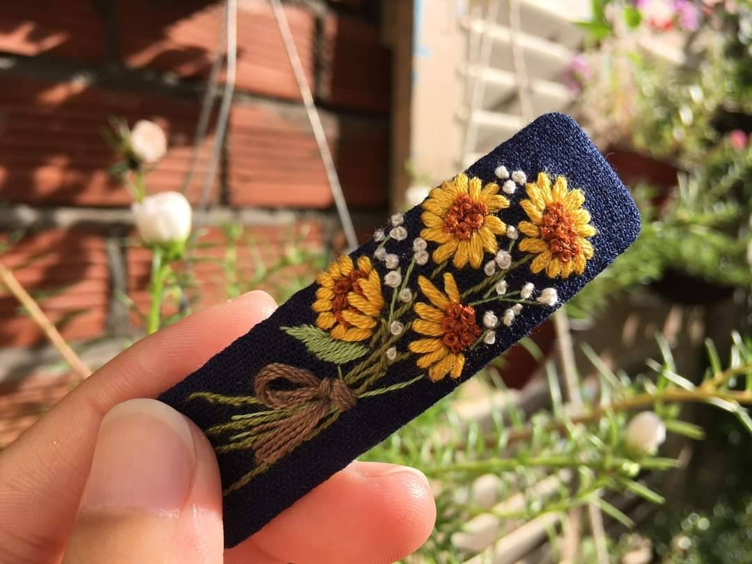 Sunflower Bouquet Embroidered Hair Barrette, Elizabeth Collection