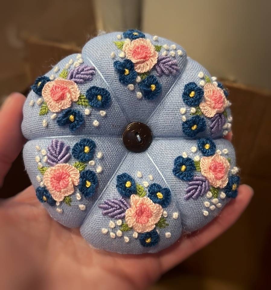 Blue Pumpkin Pincushion With Roses Embroidery