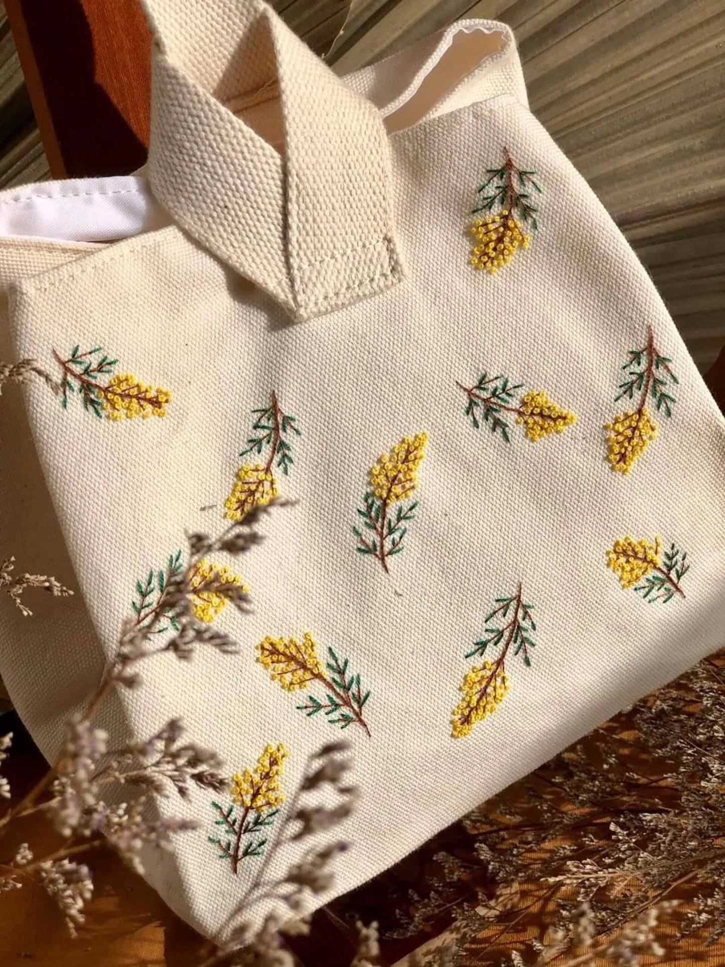 Yellow Mimosa Flower Embroidered Lunch Bag / Small Canvas Bag