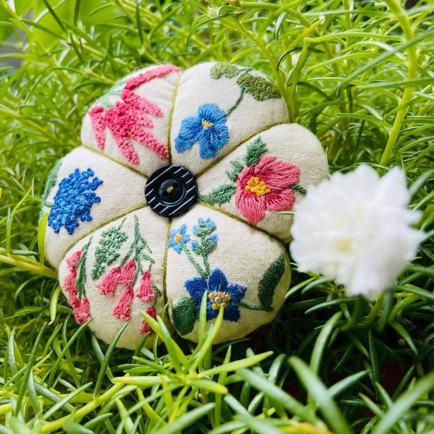 Pink & Blue Flower Garden Embroidered Pincushion