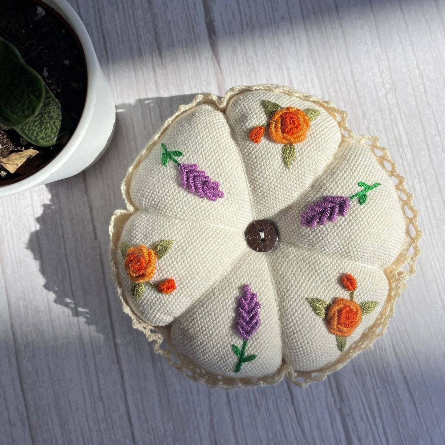 Rose & Lavender Embroidered Pumpkin Pincushion