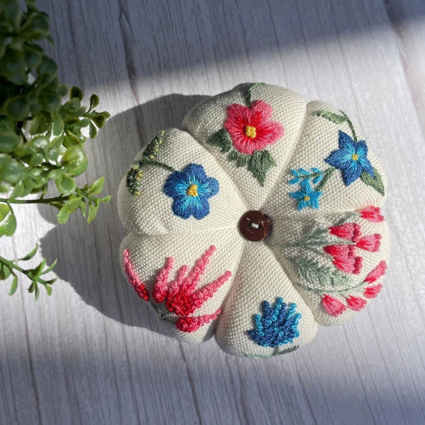 Pink & Blue Flower Garden Embroidered Pincushion