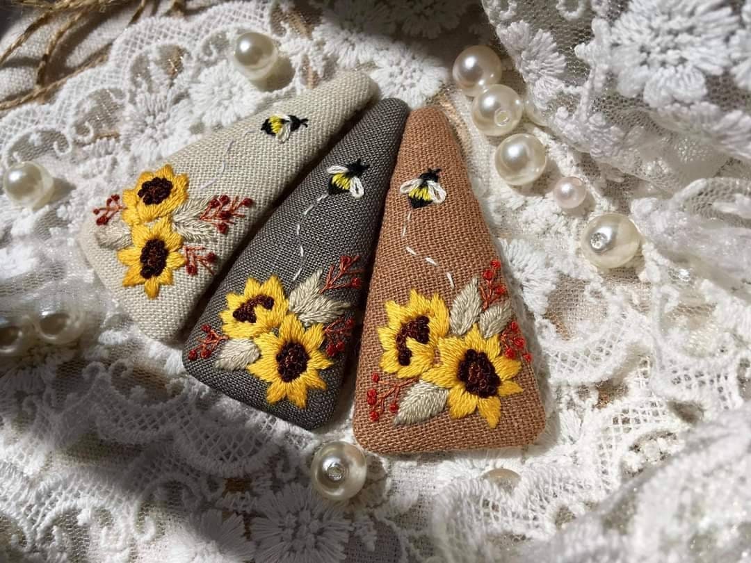 Sunflower & Bee Embroidered Triangle Hair Barrette