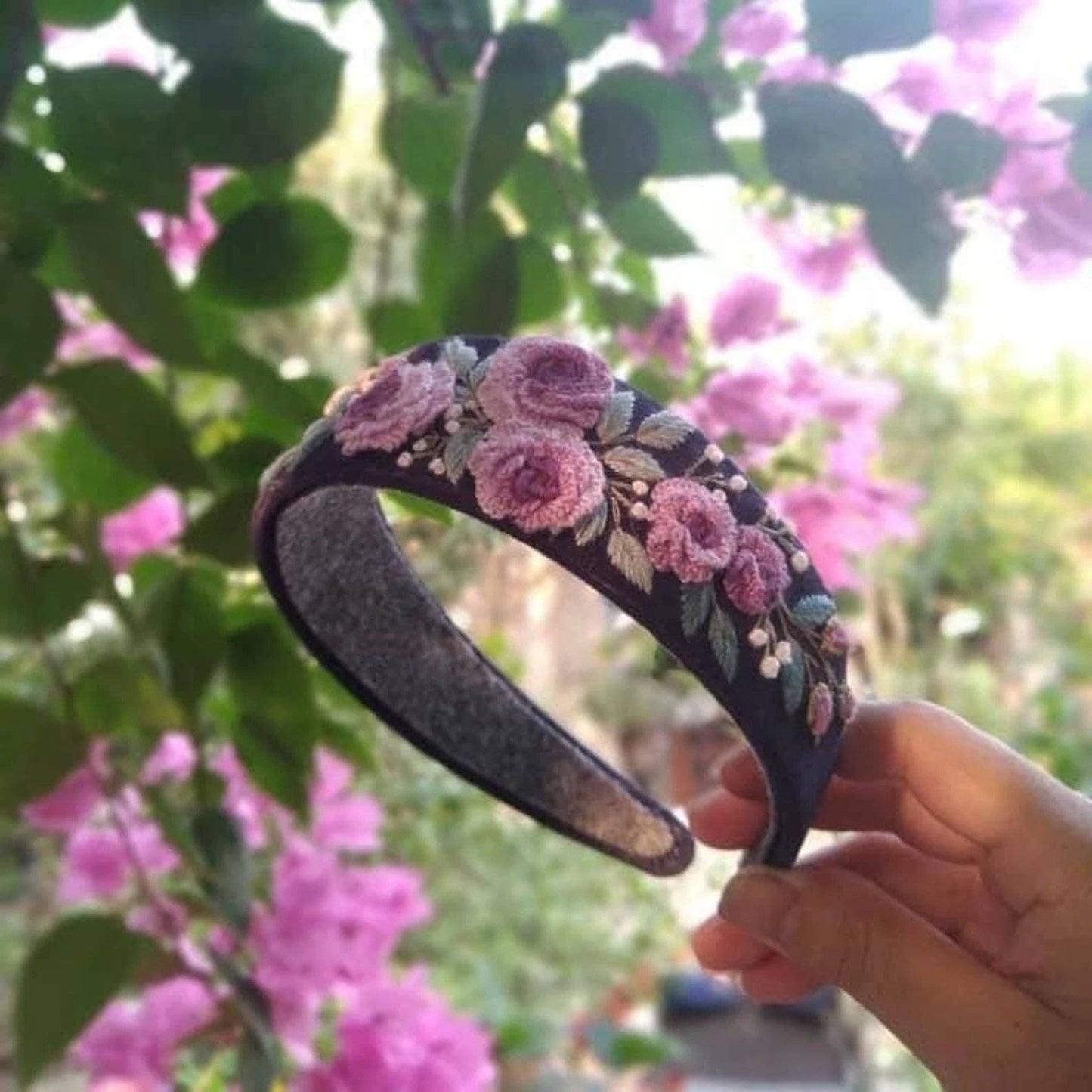 Black Wide Headband With Purple Flower Embroidery