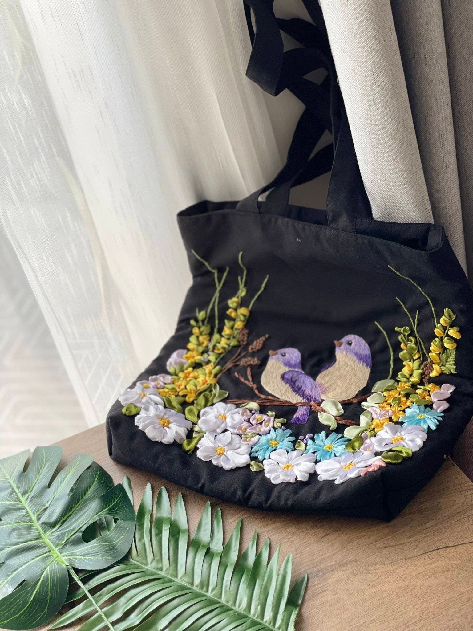 Black Linen Bag With Bird Ribbon Embroidery