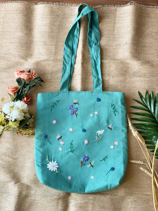 Turquoise Blue Linen Tote Bag With Daisy & Bee Embroidery