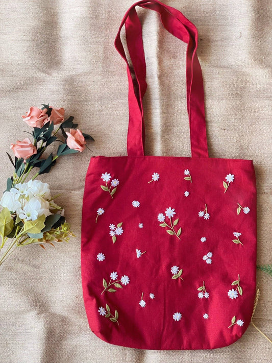 Daisy Embroidered Red Linen Bag