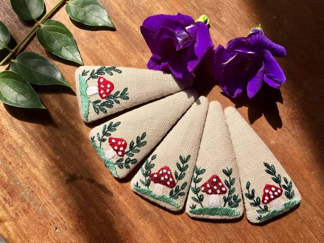 Mushroom Embroidered Hair Barrette