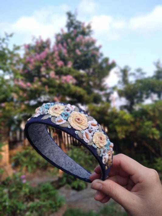 Navy Blue Wide Headband With Yellow Flowers Embroidery