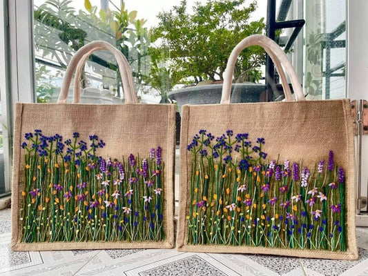 Floral Garden Embroidered Jute Bag